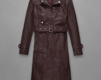 Trench in pelle da donna, lungo cappotto in vera pelle bordeaux, giacca vintage da donna fatta a mano