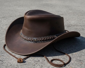 Sombrero de vaquero de cuero para hombre: hecho a mano, de cuero genuino marrón, con correa para la barbilla.