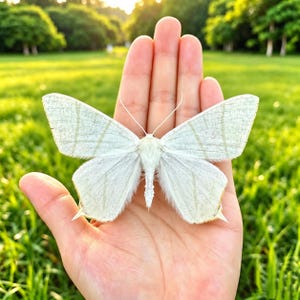 May include: A large white moth with delicate, feathery antennae and thin, light-colored wing veins. The moth features a fuzzy, textured body and pointed wing tips, displaying a pale, off-white coloration across its entire surface.