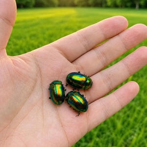 May include: Three small, oval-shaped beetles with a highly reflective, iridescent exoskeleton that shifts between vibrant metallic green, gold, and blue hues. The insects have smooth, rounded shells and tiny legs visible underneath their bodies.