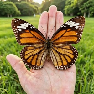 Puede incluir: Una mariposa con las alas extendidas de color naranja, negro y blanco. Las alas presentan una zona central naranja prominente, bordes negros y manchas blancas a lo largo de los extremos. El cuerpo es oscuro con antenas finas.