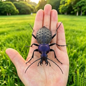 May include: A large beetle with a textured, dark grey, oval-shaped wing cover and a smooth, iridescent purple head and thorax. The insect features six long, thin black legs and prominent, sharp, serrated mandibles extending from the front.