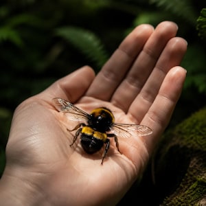 Puede incluir: Un abejorro peludo con rayas negras y amarillas y alas translúcidas con venas que descansa sobre una superficie plana. El insecto presenta un cuerpo redondeado y velloso, seis patas oscuras y dos antenas, mostrando detalles anatómicos claros.
