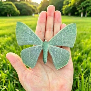 May include: A large moth with light green, textured wings featuring a delicate vein pattern and thin, curved antennae. The moth has a soft, velvety appearance and is positioned flat with its wings fully extended to show the symmetry.