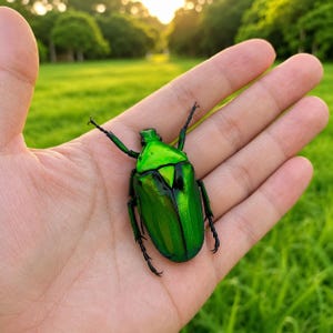 Peut inclure: Un grand scarabée vert vif doté d'un exosquelette métallique et irisé. L'insecte présente une surface lisse et brillante, un scutellum triangulaire et six pattes sombres et segmentées qui s'étendent de son corps, offrant un aspect poli.