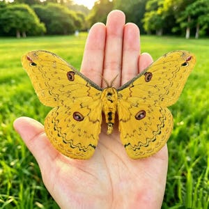 Puede incluir: Una gran polilla amarilla con intrincadas líneas negras onduladas y distintivas marcas circulares en forma de ojo en cada ala. La polilla presenta un cuerpo difuso y texturizado con antenas delicadas, mostrando un color amarillo dorado.