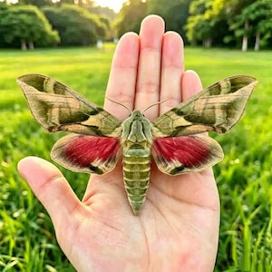 Puede incluir: Una polilla grande con alas anteriores estampadas en verde oliva y bronceado, y parches rojos vibrantes en las alas posteriores. La polilla tiene un cuerpo grueso, segmentado y de color verde claro con antenas delgadas.