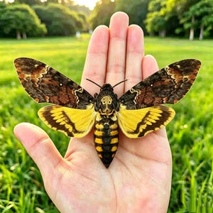 Puede incluir: Una esfinge de la calavera, con un patrón llamativo de marrón, amarillo y negro. Las alas de la polilla están extendidas, revelando diseños intrincados. La polilla está posada en una mano, con un fondo verde y herboso.