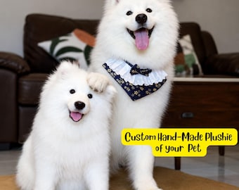 May include: Two fluffy white dogs, one large and one small, are smiling at the camera. The larger dog wears a blue and white patterned collar. Text on the image reads: Custom Hand-Made Plushie of your Pet.