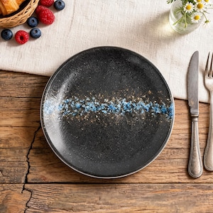 Black Galaxy Ceramic Plate, Blue Streak Dessert Dish, Wabi Sabi Tableware, Moody Kitchen Decor, Rustic Stoneware, Celestial Earthy Pottery