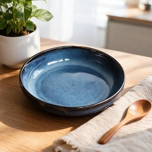 Puede incluir: Un cuenco de cerámica azul con borde oscuro sobre una mesa de madera. Una cuchara de madera descansa sobre una servilleta de lino beige a la derecha del cuenco. Una pequeña planta en maceta está en el fondo.