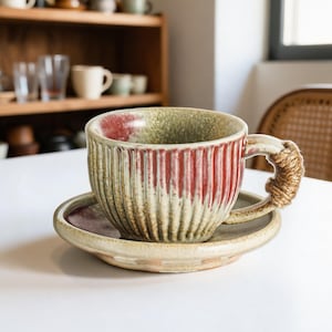 Set di tazze rustiche in ceramica, tazza da caffè artigianale a coste, tazza da tè Wabi Sabi, tazza con manico in rattan, tazza in ceramica vintage, regalo di inaugurazione della casa dai toni naturali