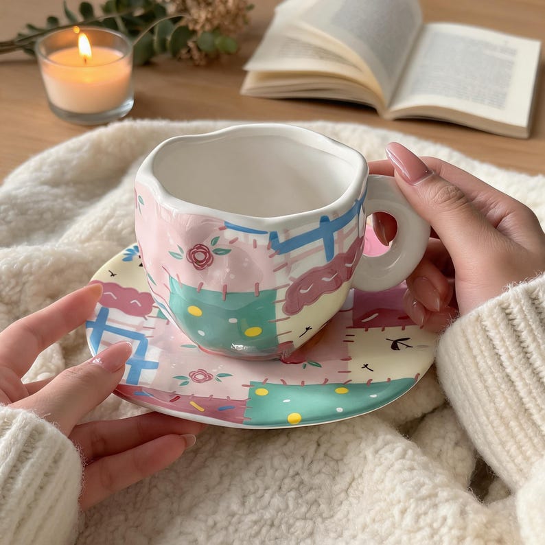 K&ouml;nnte beinhalten: Ein pastellfarbenes Keramik-Tassen- und Untertassen-Set. Die Tasse und die Untertasse haben ein Patchwork-Design mit rosa, blauen, gr&uuml;nen und gelben Quadraten. Die Tasse hat einen einzigartigen, wellenf&ouml;rmigen Rand und einen runden Griff. Eine brennende Kerze und ein offenes Buch sind im Hintergrund.