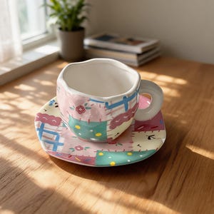 K&ouml;nnte beinhalten: Ein Keramik-Tassen- und Untertassen-Set mit Patchwork-Design. Die Tasse und Untertasse weisen eine Mischung aus rosa, gr&uuml;nen und blauen Flicken mit floralen und geometrischen Mustern auf. Die Tasse hat einen wei&szlig;en Innenraum und Henkel, auf einer Holzoberfl&auml;che.