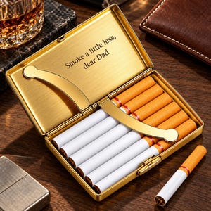 May include: A gold-toned metal cigarette case with a brushed finish, featuring a hinged lid engraved with the text 'Smoke a little less, dear Dad'. The interior contains a row of cigarettes held in place by a curved metal spring arm.