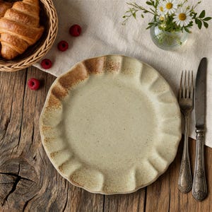 Plato rústico de cerámica, plato de postre con borde ondulado, vajilla Wabi Sabi, plato de granja moteado, cerámica terrosa, regalo de cocina estilo cottagecore