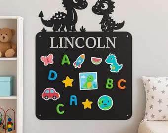 Dinosaurio para niños, letrero con pegatinas e imanes / Decoración para guardería y sala de juegos / Arte mural personalizado