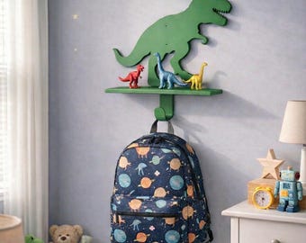Estante con dinosaurio T-Rex y gancho para mochila / Decoración para habitación infantil