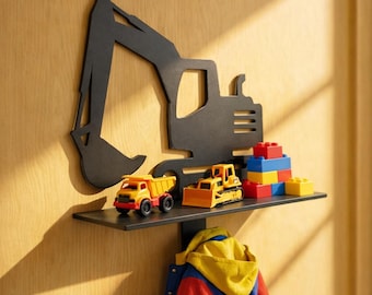 Estantería infantil con excavadora y gancho para abrigos / Decoración de construcción de metal