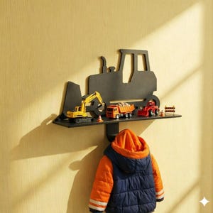Peut inclure: Une étagère en métal noir en forme de bulldozer avec des véhicules de chantier miniatures. On y trouve une excavatrice jaune, un camion-benne orange et un camion rouge. En dessous, une veste orange et bleu marine est suspendue.