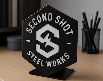 Letrero de metal con logotipo para oficina / Letrero comercial de acero personalizado / Expositor de escritorio o estante