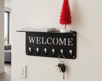 Moderno llavero de pared "WELCOME" con estante: organizador metálico para la entrada