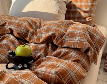 Juego de funda nórdica de algodón lavado a cuadros, ropa de cama acogedora de 4 piezas estilo cottagecore en color marrón óxido.