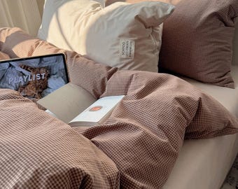 Juego de ropa de cama de algodón lavado con estampado de cuadros vichy marrón, funda nórdica suave y acogedora a cuadros, decoración minimalista para el dormitorio.