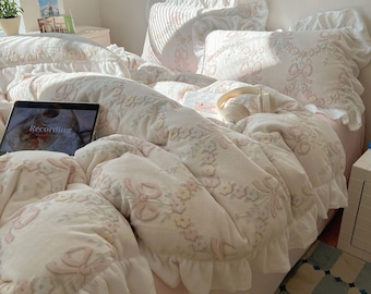 Juego de cama con volantes de polar y lazo floral para dormitorio de estilo coreano de invierno