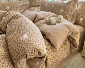 Juego de funda nórdica con estampado de leopardo, color marrón