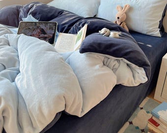 Juego de cama de forro polar azul claro, edredón de felpa cálido de invierno, decoración para dormitorio