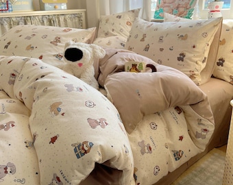 Funda nórdica con estampado de animales en beige, funda de edredón con estampado de perro y oso, decoración para dormitorio