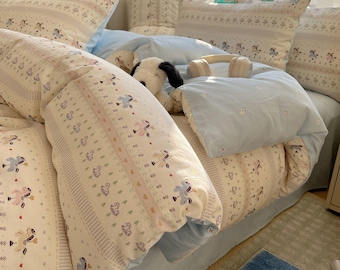 Juego de funda nórdica con estampado de rayas de perro en azul y beige**