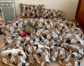 Juego de ropa de cama de forro polar con estampado floral marrón, cálido edredón de felpa para invierno, decoración