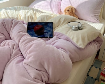 Juego de cama de vellón lavanda, edredón de felpa cálido de invierno, decoración para dormitorio