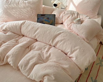 Juego de cama de forro polar con lazo en relieve rosa, decoración de dormitorio de estilo coreano de invierno