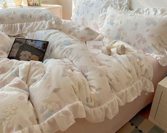 Juego de cama con volantes de vellón y estampado floral de cerezas, decoración de dormitorio de estilo coreano de invierno