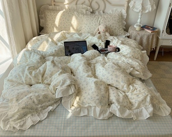 Cream Floral Ruffle Lace Trim Bedding Set Cottagecore Korean Style Bedroom Decor