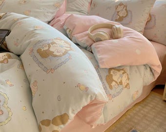 Juego de cama con dibujos de gatos kawaii y funda nórdica con estampado de pastel dulce