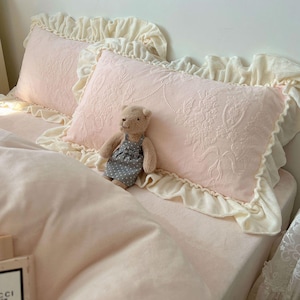 May include: Two pink rectangular pillows with floral embroidery and cream-colored ruffled edges rest on a bed. A small teddy bear wearing a gray polka-dot dress sits on the bed. The bedding is a soft pink color.