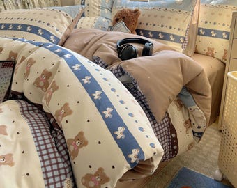 Juego de cama de osito de peluche kawaii: funda nórdica de algodón con dibujos a rayas