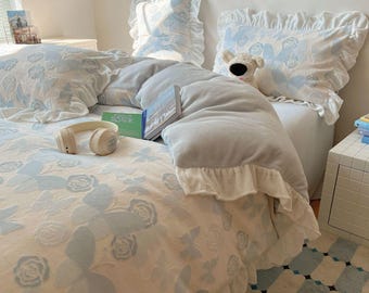Juego de cama con volantes de forro polar y diseño de mariposa y rosa, decoración de dormitorio de estilo coreano para invierno