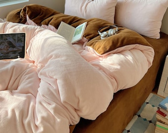 Juego de cama de vellón rosa, edredón de felpa cálido de invierno, decoración para dormitorio