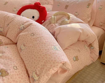 Funda nórdica con estampado de gato rosa, funda de edredón suave para dormitorio, regalo decorativo