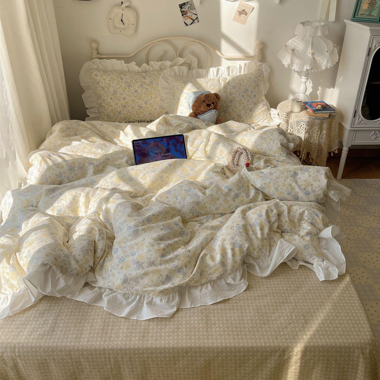 Cream Blue Floral Ruffle Lace Trim Bedding Set Korean Style Decor