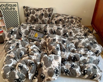 Juego de cama de forro polar con estampado floral gris, cálido edredón de felpa para invierno, decoración