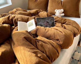 Juego de cama de vellón marrón, edredón de felpa cálido de invierno, decoración para dormitorio