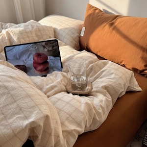 Puede incluir: Una cama acogedora con un edredón a cuadros beige claro y una almohada naranja quemado. Una tableta muestra una foto de rosquillas rojas apiladas. Un vaso de agua descansa sobre un posavasos de madera.