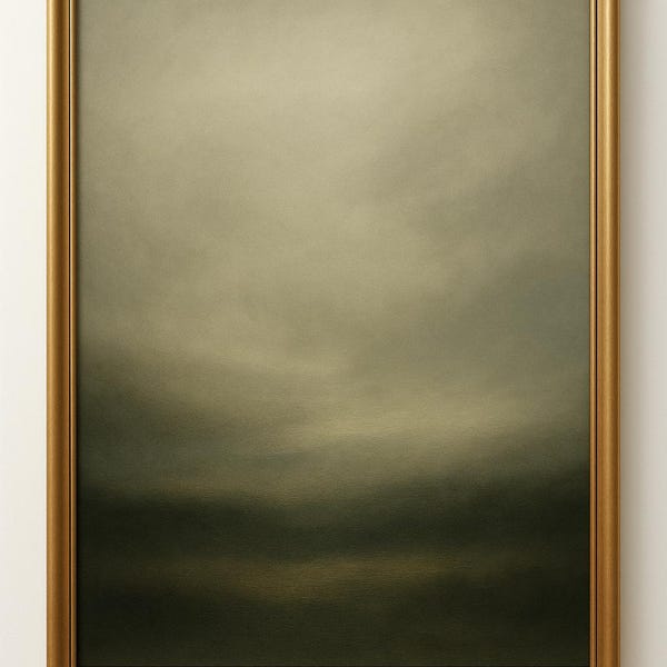 Stonowana zielona mglista sztuka krajobrazowa, minimalistyczny styl, vintage, abstrakcja w tonacji ziemi, wydruk giclée, nastrojowa sztuka