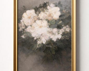 Victorian Vintage White Peony, Giclée Print, Dark floral, Moody, Rustic, Wall Art
